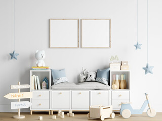 square poster frame mockup in modern kids room interior with toys, 3d render