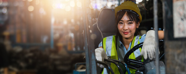 Asian woman working hard and hyperhidrosis face full of sweat during driving lift car in factory - obrazy, fototapety, plakaty