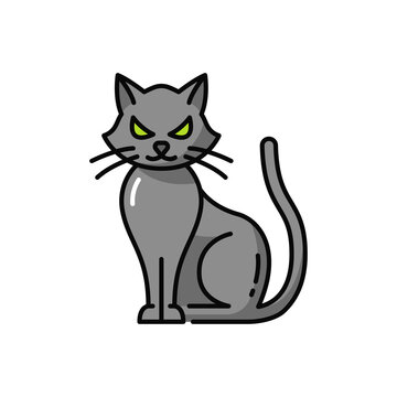 Halloween pet witch black cat isolate outline icon. Vector witch pet, scary starring kitty with long tail, creepy magic pussycat, grey kitten portrait. Meow vampire, mysterious mammal kitten feline