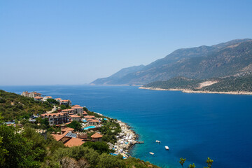 Fototapeta na wymiar Mediterranean coastline in Kas town of Antalya province of Turkey.