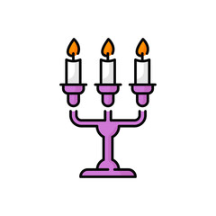 Vintage candelabrum with three wax burning candles isolated color line icon. Vector vintage decorative object, metal chandelier, bronze sconce. Candle in wooden holder, Halloween party decoration