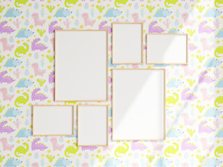 gallery mockup, poster mockup, wooden frames in kids room, 3d render