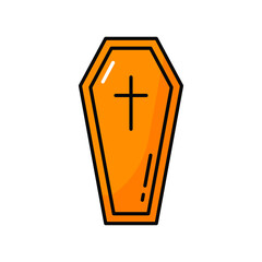 Obraz premium Funeral closed coffin burial box isolated color line icon. Vector Halloween symbol, last bed, wooden box, burial closed case with dead. Long narrow case of wood for buried or cremated corpse