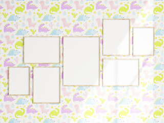gallery mockup, poster mockup, wooden frames in kids room, 3d render