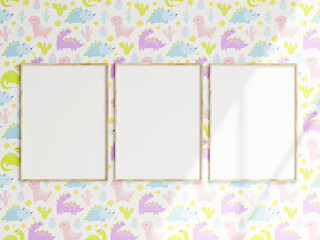 gallery mockup, poster mockup, wooden frames in kids room, 3d render