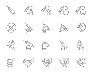 Vaccination line icons set. World vaccination, immunity, injection, medical syringe, preventive measures and more.