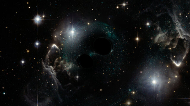 Abstract space wallpaper. Two black holes in outer space among shining stars and dust clouds. Elements of this image furnished by NASA.
