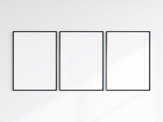 gallery frame mockup, three black frames with matt on the wall, 3d render