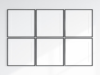 six black square frames on the white wall, gallery frame mockup
