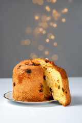 Classic panettone with dried fruits, traditional Italian Christmas cake on gray background with fairy lights. Before the piece, a piece of cake., front view, isolated