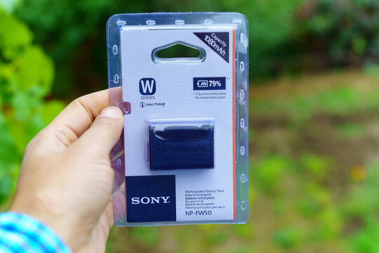 Volzhsky, Russia-September 25, 2021: Sony NP-FW50 battery and packaging. Selective focus