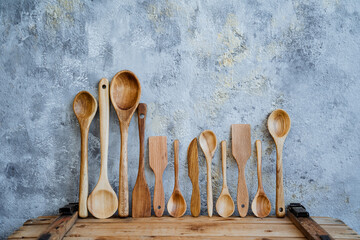wooden spoon. a set of table items made of wood. carpenter cut spoons out of wood, handmade by the master carpenter. Kitchenware