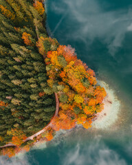 Vorderer Langbathsee im Herbst Drohnenaufnahme