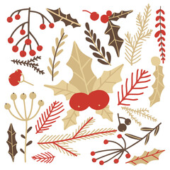 Vector set of Christmas elements. Twigs, snowflakes, gifts.