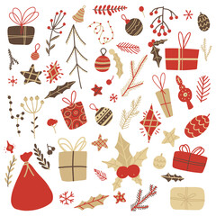 Vector set of Christmas elements. Twigs, snowflakes, gifts.