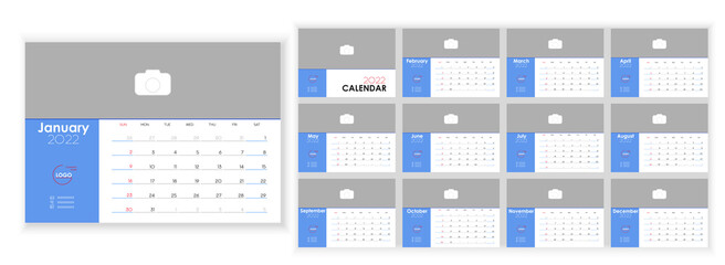 Desktop Monthly Photo Calendar 2022. Simple monthly horizontal photo calendar Design 2022 year in English. Cover Calendar and 12 months templates. Sunday week start. Vector illustration