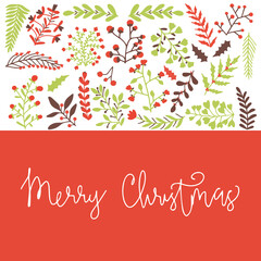 Winter christmas foliage twigs branches red berries set.