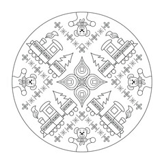 Mandala coloring page. Little Christmas train carrying the Christmas tree. Cute cuddly bear. Vector illustration.