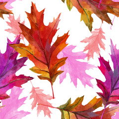 Oak leaves autumn watercolor on white background seamless pattern for all prints.