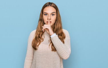 Young blonde woman wearing casual clothes asking to be quiet with finger on lips. silence and secret concept. - obrazy, fototapety, plakaty