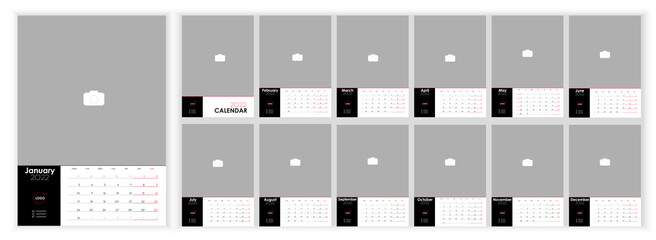 Wall Monthly Photo Calendar 2022. Simple monthly vertical photo calendar Design for 2022 year in English. Cover Calendar and 12 months templates. Monday week start. Vector illustration
