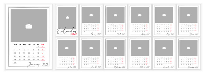 Wall Monthly Photo Calendar 2022. Simple monthly vertical photo calendar Design for 2022 year in English. Cover Calendar and 12 months templates. Monday week start. Vector illustration
