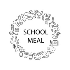 School meal concept circle layout with outline icons and headline. Editable stroke. Isolated vector illustration