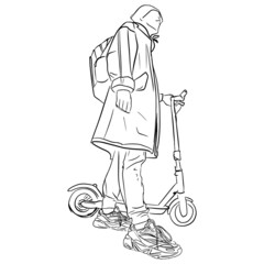 Outline sketch of boy in sneakers with electric scooter in realistic lineart style in full height. Bottom view
