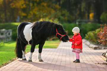 little girl bonding with a pony outdoors