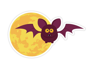 Cartoon bat and full moon. Halloween sticker. Vector illustration
