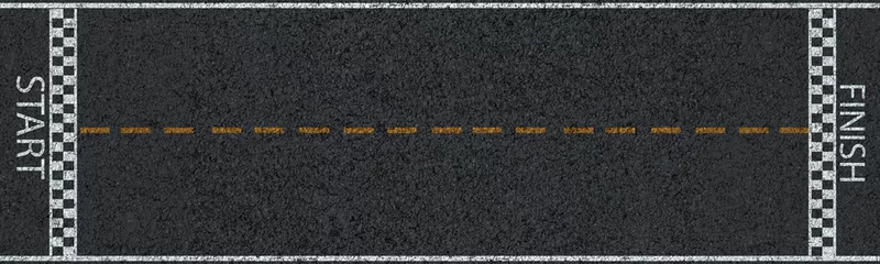 Fotobehang Een racebaan met start- en finishlijn, auto of karting road racing achtergrond op zwart asfalt. bovenaanzicht © chiew