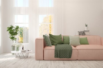 Stylish room in white color with sofa and autumn landscape in window. Scandinavian interior design. 3D illustration