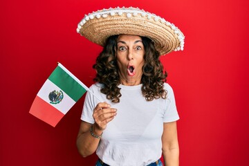 Middle age hispanic woman wearing mexican hat holding mexico flag scared and amazed with open mouth for surprise, disbelief face