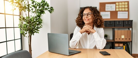 Middle age hispanic woman smiling confident working at office