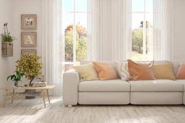 Stylish room in white color with sofa and autumn landscape in window. Scandinavian interior design. 3D illustration