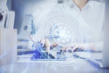 Double exposure of technology sketch hologram and woman holding and using a mobile device. Ai concept