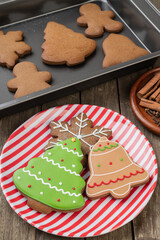Traditional christmas gingerbread on a red and white plate