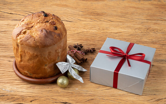 Traditional Italian Christmas Fruit Cake Panettone With Gift Box And Christmas Decoration