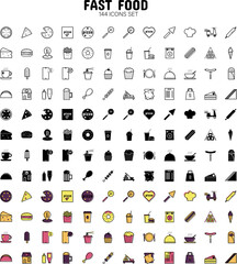 set of 144 fast food icons in three styles
