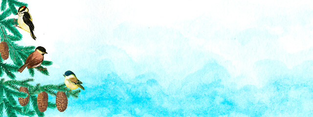 Watercolor banner winter landscape.Mountains and forest. Winter birds.Postcard and background
