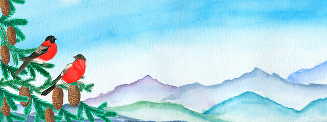 Watercolor banner winter landscape.Mountains and forest. Winter birds.Postcard and background