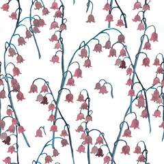 Pink bluebells branches watercolor on white background seamless pattern for all prints.