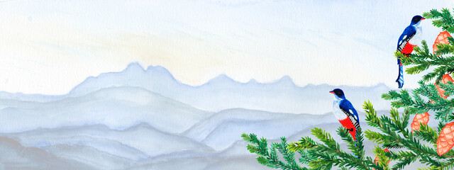 Watercolor banner winter landscape.Mountains and forest. Winter birds.Postcard and background