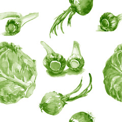 Green vegetables watercolor isolated on white background seamless pattern for all prints.