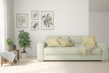 Soft color living room with sofa. Scandinavian interior design. 3D illustration