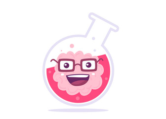 Vector Creative Illustration of Happy Pink Human Brain Character in Glasses in Flask on White Color Background. Flat Doodle Style Knowledge Concept Design of Brain