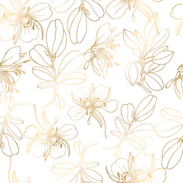 Seamless patterns. Luxurious gold and graceful twig and flower on a white background. Floral pattern, gold leaf. Vector file.
