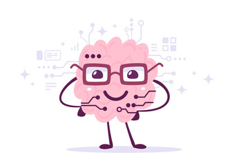 Vector Creative Illustration of Happy Brain Character in Glasses with Micro Chip on White Color Background. Flat Doodle Style Knowledge Concept Design of Happy Smile Human Brain
