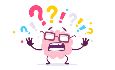 Vector Creative Illustration of Unhappy Pink Human Brain Character with Question Marks on White Color Background. Flat Doodle Style Knowledge Concept Design of Emotional Brain in Glasses