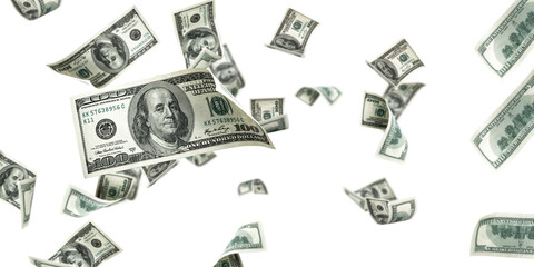 Money stack. Hundred dollars of America. Falling money isolated, us bill white background.